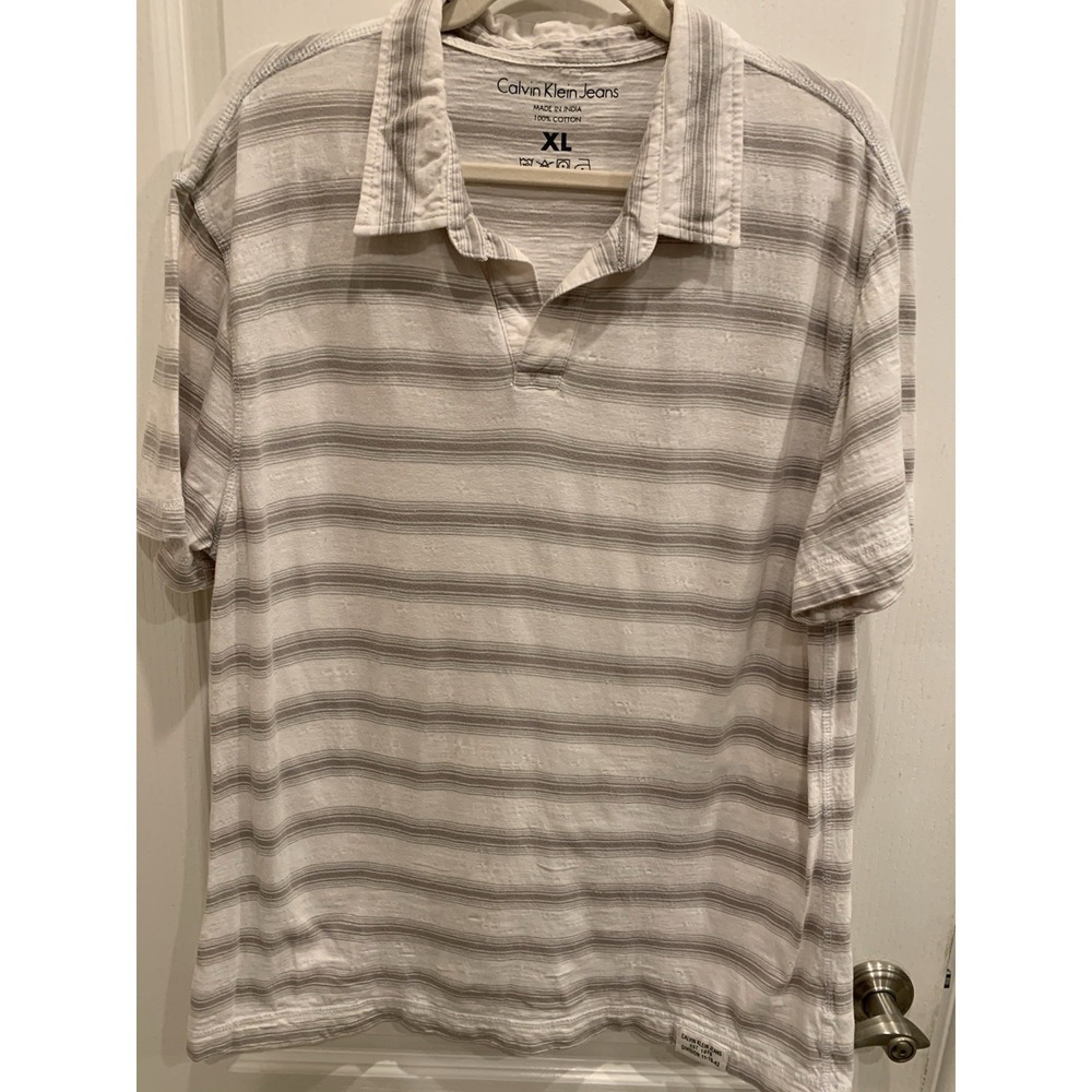 Calvin Klein Jeans White Gray Stripe Short Sleeve‎ Polo Shirt Mens XL Cotton